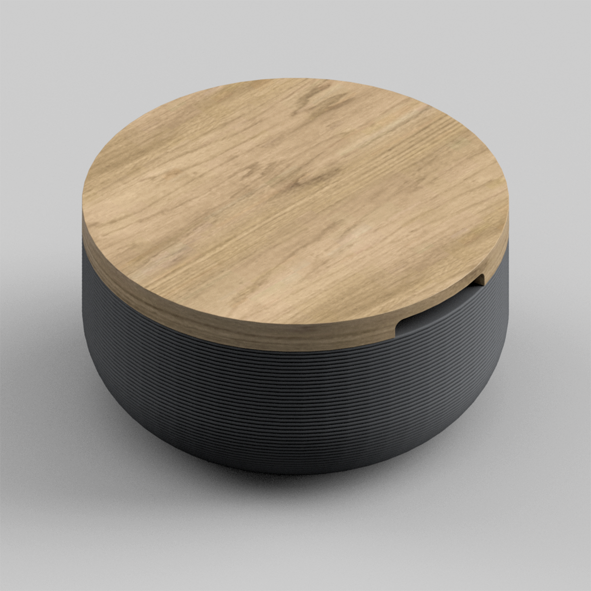 Faria Side Table/Stool - Obsidian Night-Teak - round side table with fine horizontal ribbed concrete base and smooth wood top, modern sculptural design