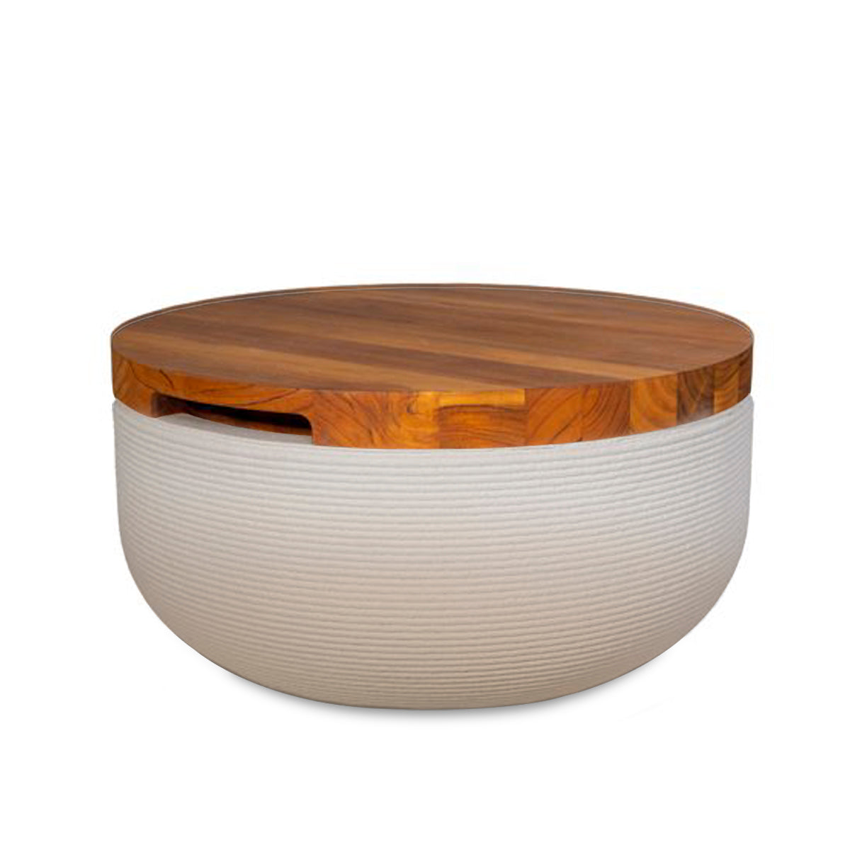 Faria Side Table/Stool - Desert Dawn OMB2-Teak - round side table with fine horizontal ribbed concrete base and smooth wood top, modern sculptural design