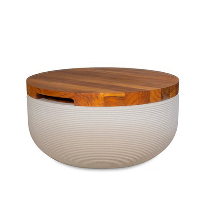 Faria Side Table/Stool - Desert Dawn OMB2-Teak - round side table with fine horizontal ribbed concrete base and smooth wood top, modern sculptural design