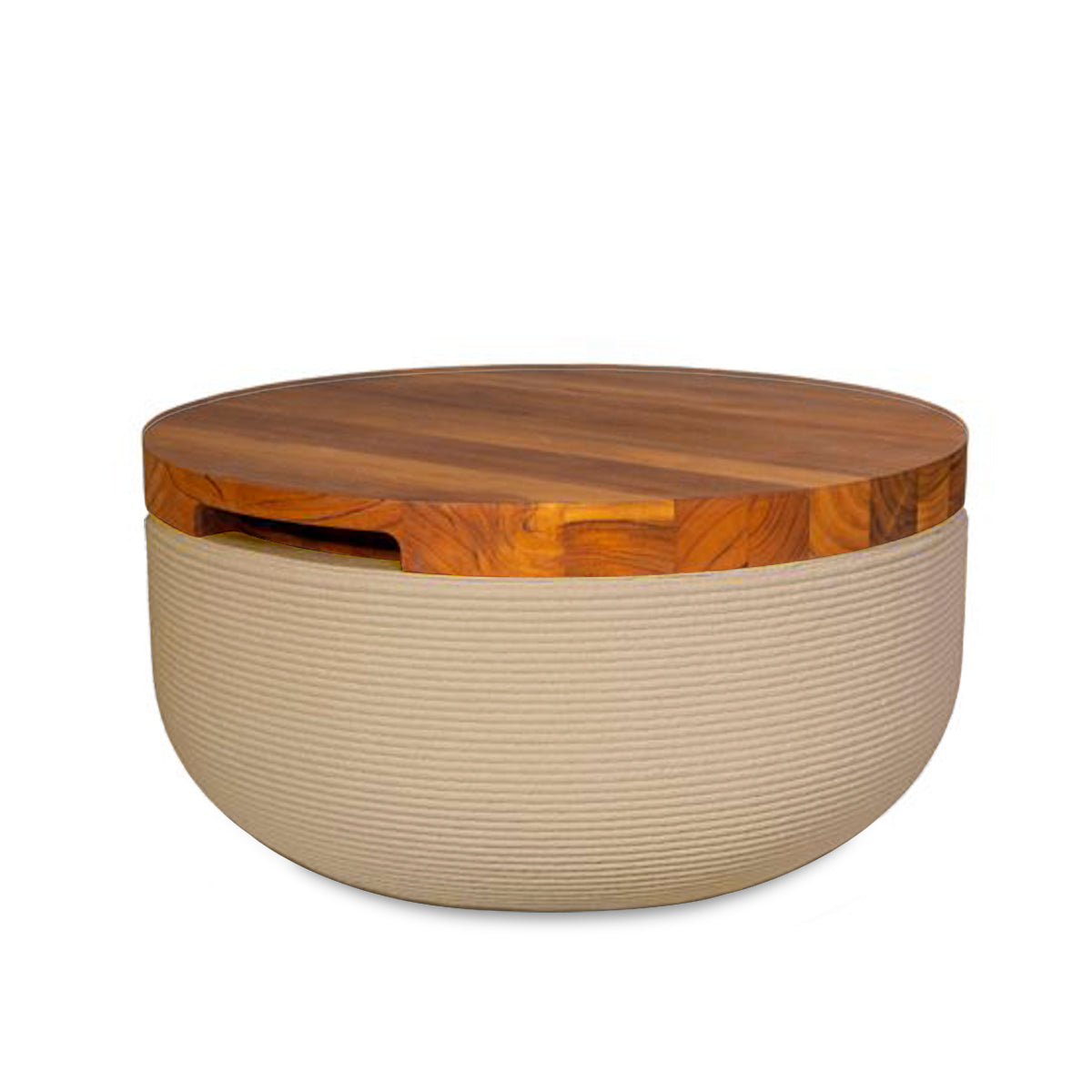 Faria Side Table/Stool - Desert Dawn-Teak - round side table with fine horizontal ribbed concrete base and smooth wood top, modern sculptural design