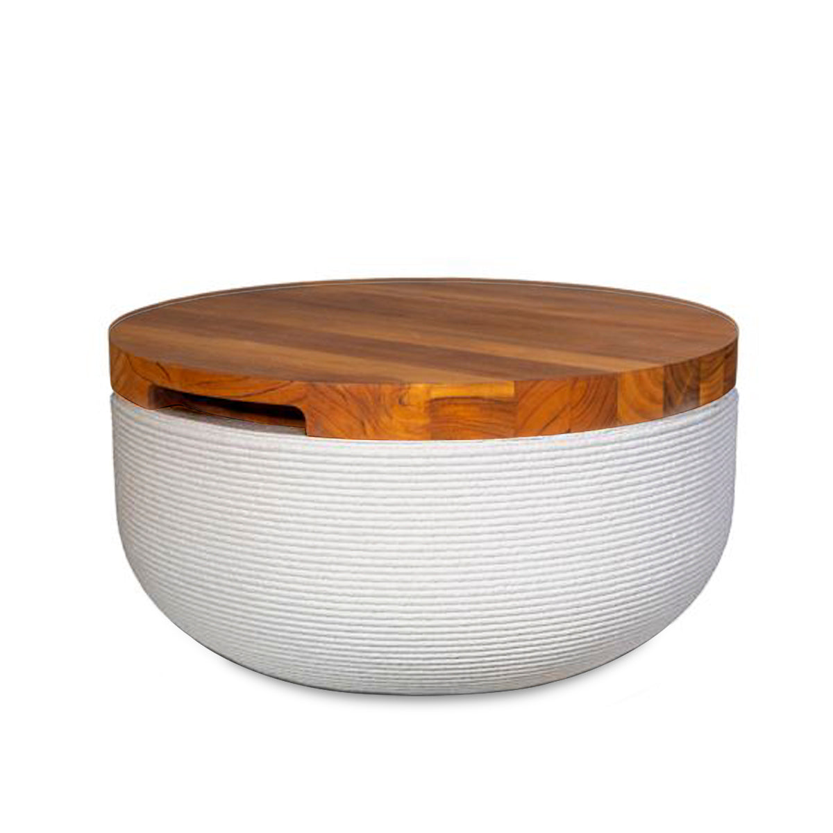 Faria Side Table/Stool - Glacial Mist-Teak - round side table with fine horizontal ribbed concrete base and smooth wood top, modern sculptural design