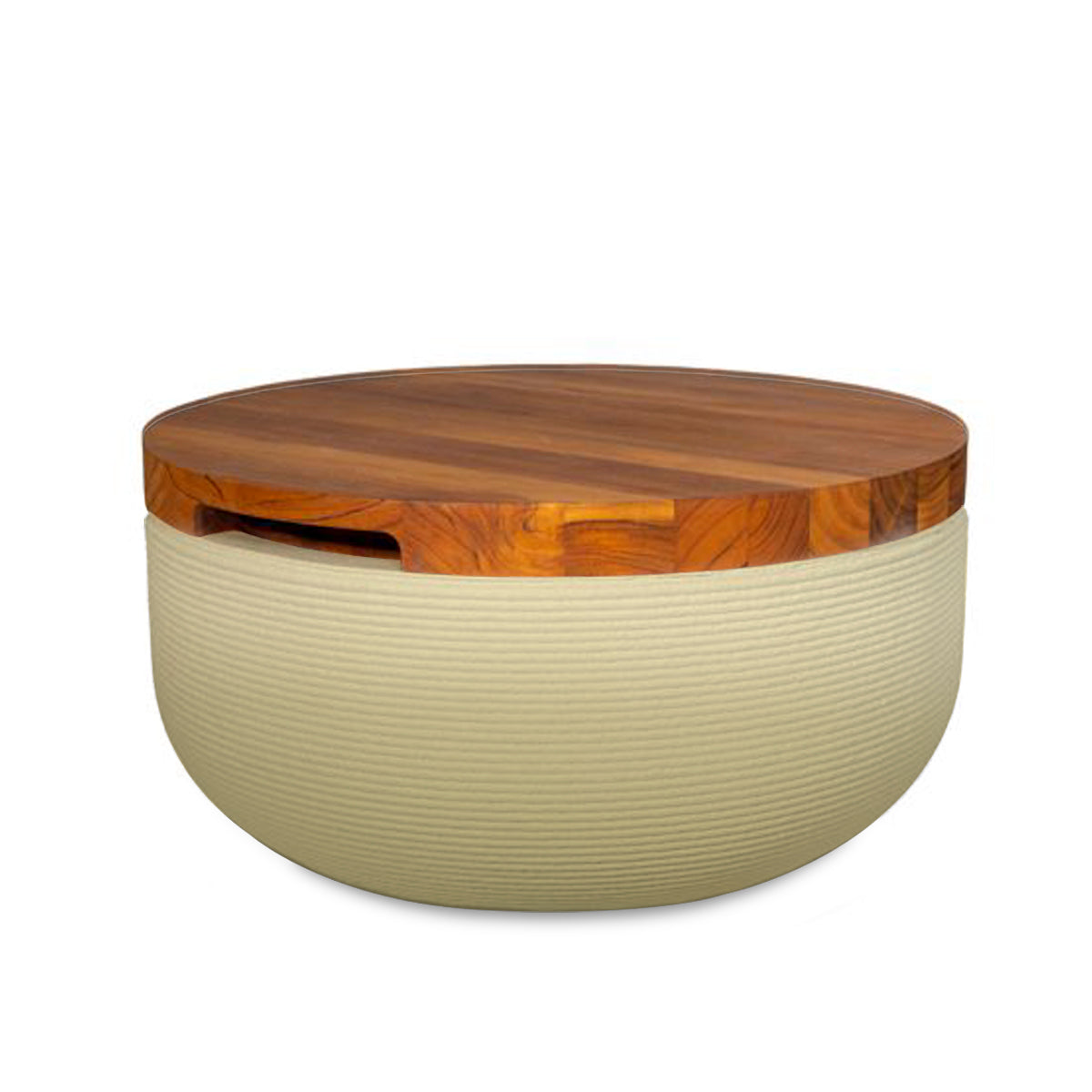 Faria Side Table/Stool - Golden Olive OMB1-Teak - round side table with fine horizontal ribbed concrete base and smooth wood top, modern sculptural design