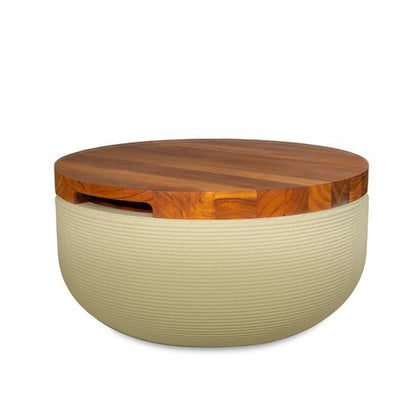 Faria Side Table/Stool - Golden Olive OMB1-Teak - round side table with fine horizontal ribbed concrete base and smooth wood top, modern sculptural design
