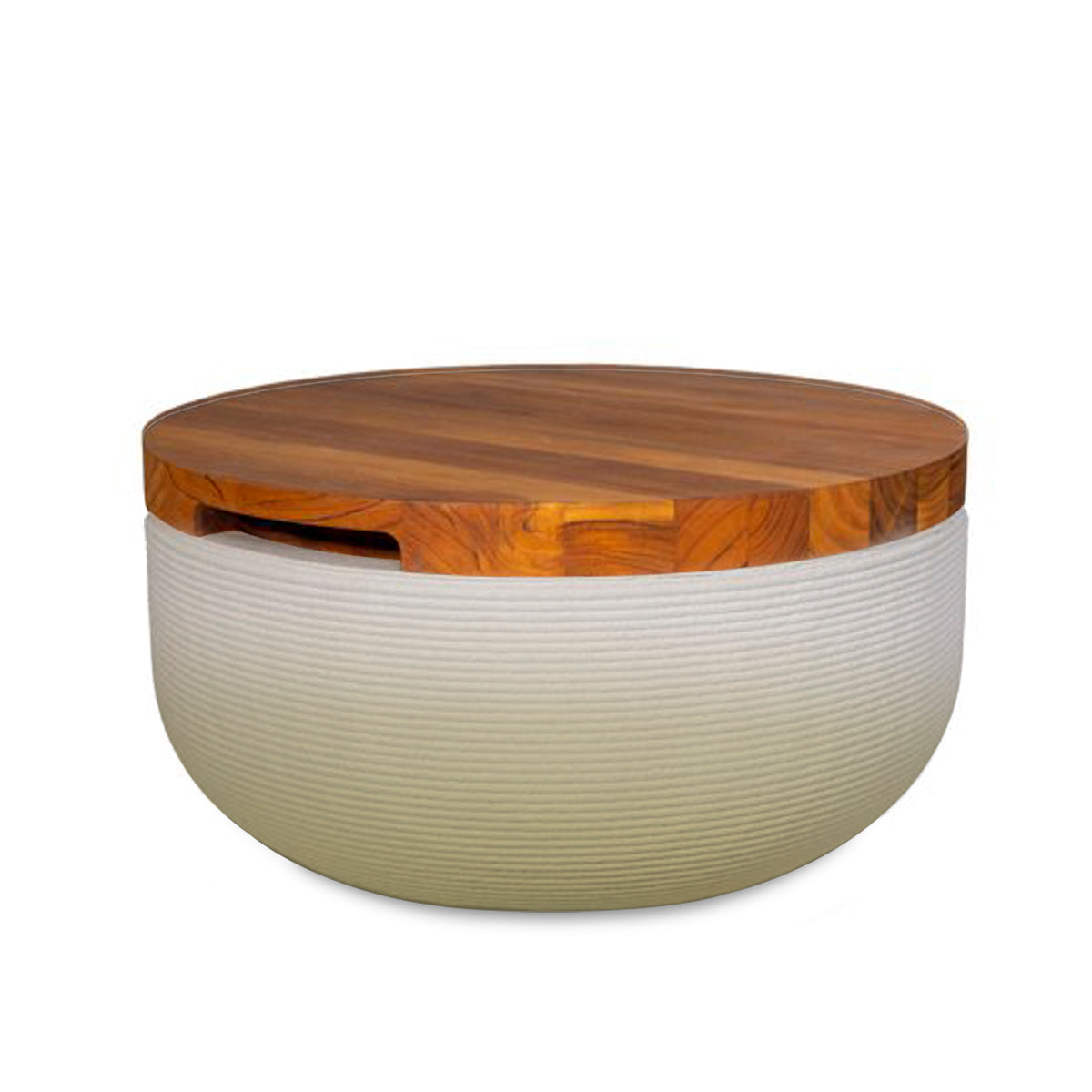 Faria Side Table/Stool - Golden Olive OMB2-Teak - round side table with fine horizontal ribbed concrete base and smooth wood top, modern sculptural design