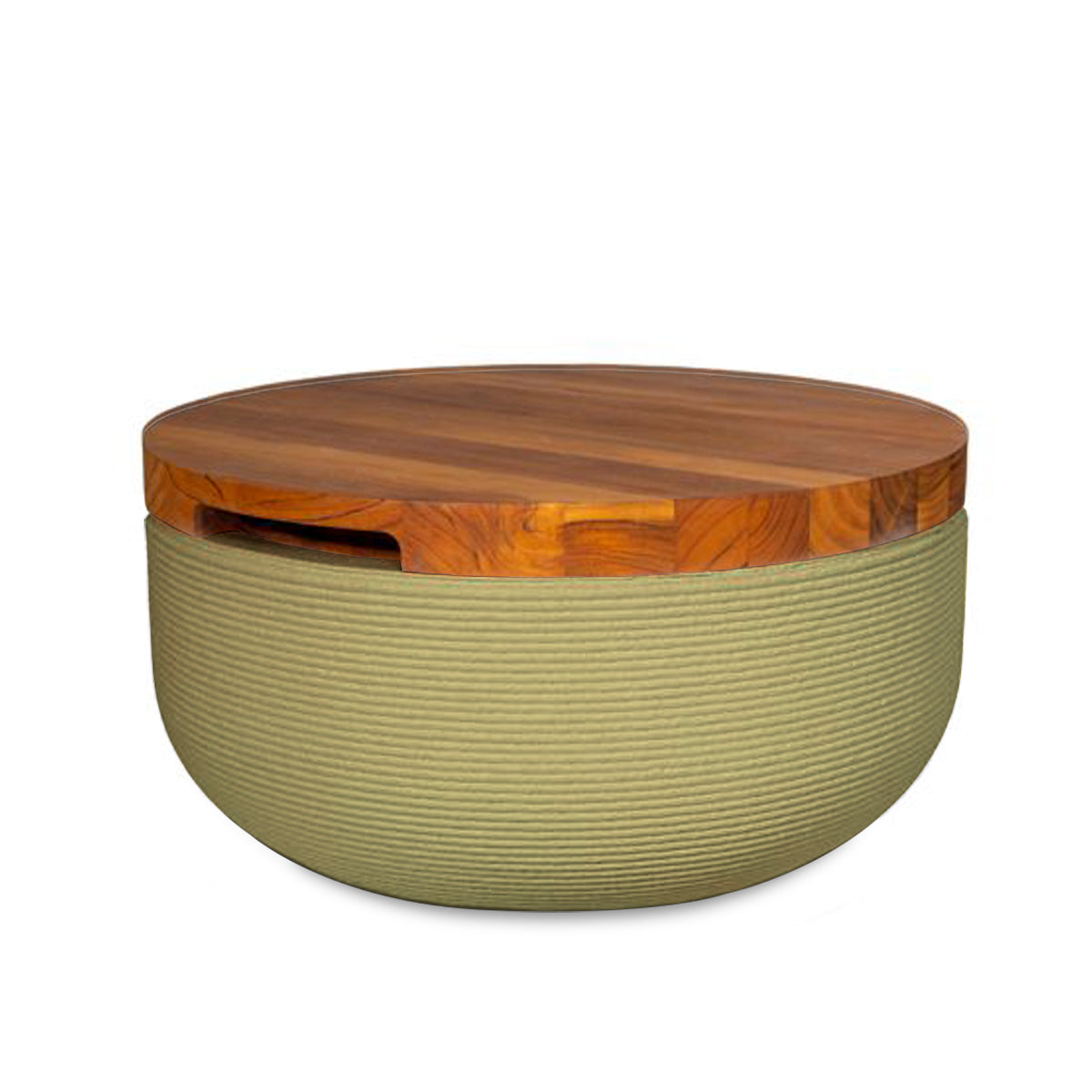 Faria Side Table/Stool - Golden Olive-Teak - round side table with fine horizontal ribbed concrete base and smooth wood top, modern sculptural design