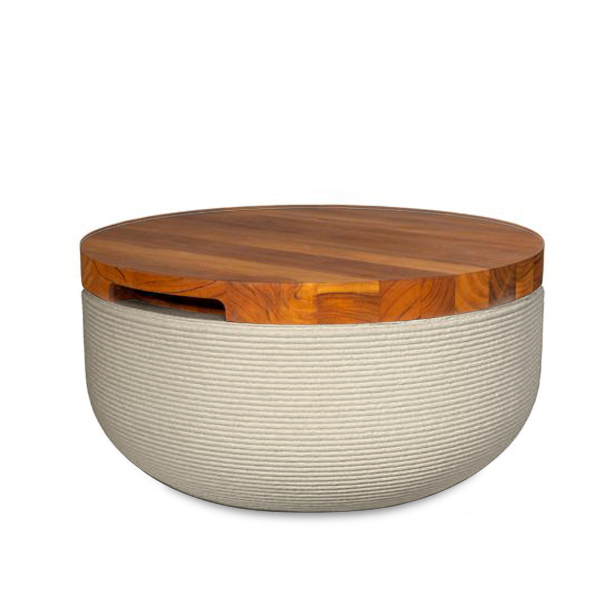 Faria Side Table/Stool - Limestone Veil-Teak - round side table with fine horizontal ribbed concrete base and smooth wood top, modern sculptural design