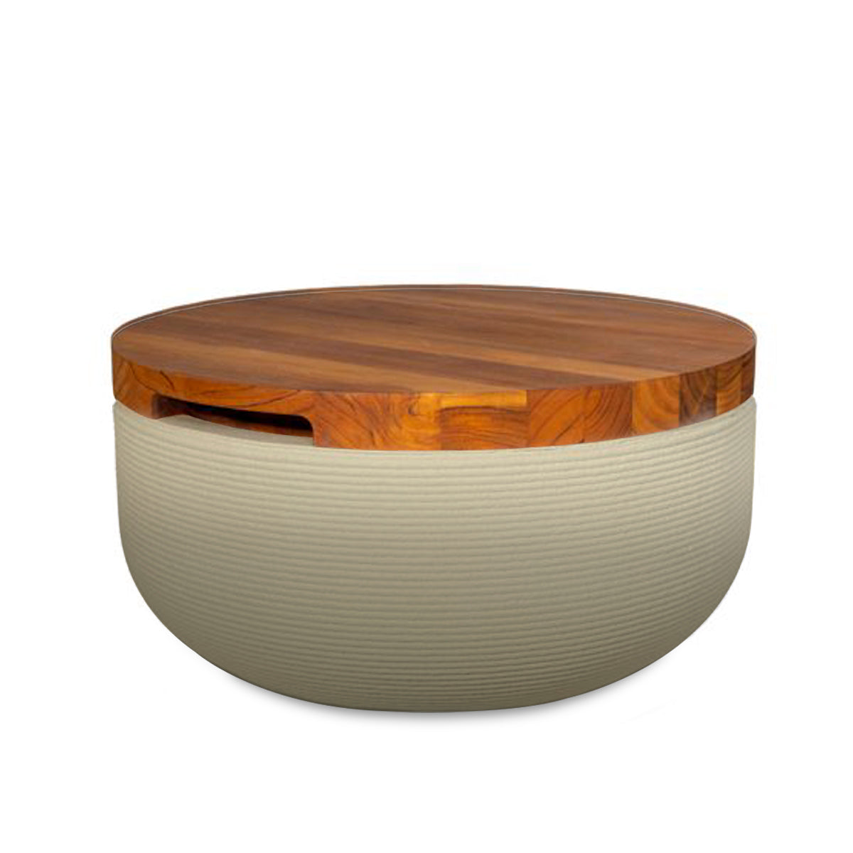 Faria Side Table/Stool - Mossy Glen OMB1-Teak - round side table with fine horizontal ribbed concrete base and smooth wood top, modern sculptural design
