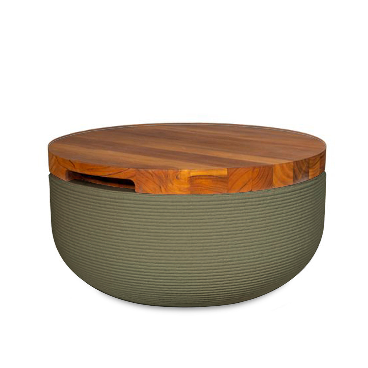 Faria Side Table/Stool - Mossy Glen-Teak - round side table with fine horizontal ribbed concrete base and smooth wood top, modern sculptural design