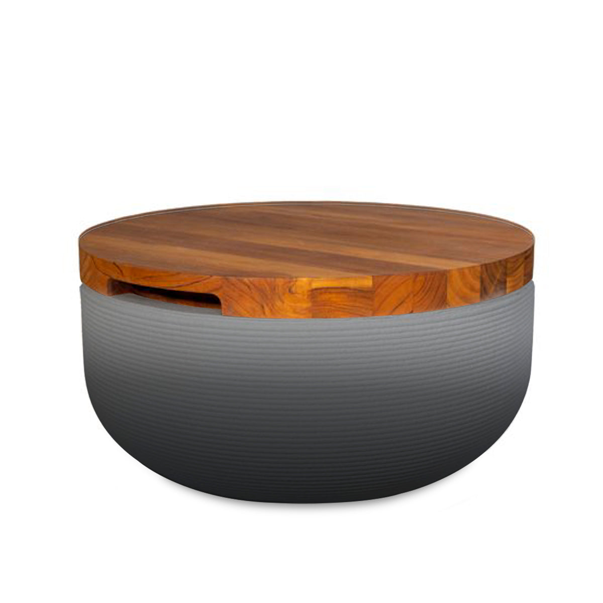 Faria Side Table/Stool - Obsidian Night OMB1-Teak - round side table with fine horizontal ribbed concrete base and smooth wood top, modern sculptural design