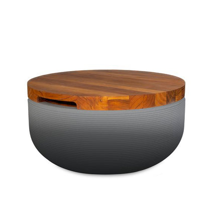 Faria Side Table/Stool - Obsidian Night OMB1-Teak - round side table with fine horizontal ribbed concrete base and smooth wood top, modern sculptural design
