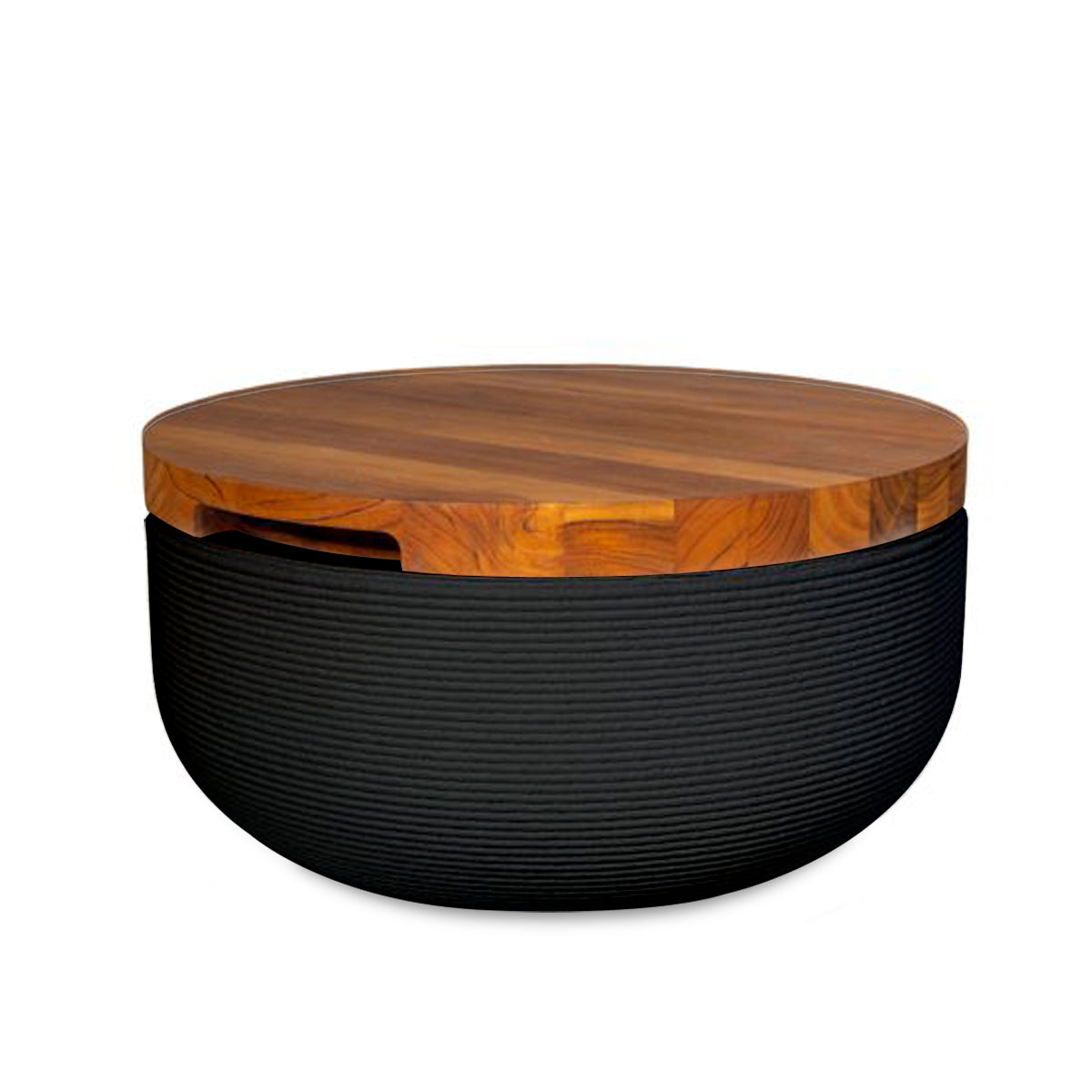 Faria Side Table/Stool - Obsidian Night-Teak - round side table with fine horizontal ribbed concrete base and smooth wood top, modern sculptural design
