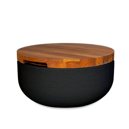 Faria Side Table/Stool - Obsidian Night-Teak - round side table with fine horizontal ribbed concrete base and smooth wood top, modern sculptural design