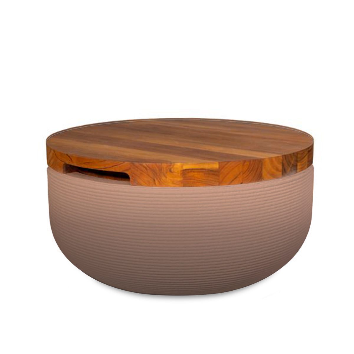 Faria Side Table/Stool - Riverbed Earth OMB1-Teak - round side table with fine horizontal ribbed concrete base and smooth wood top, modern sculptural design