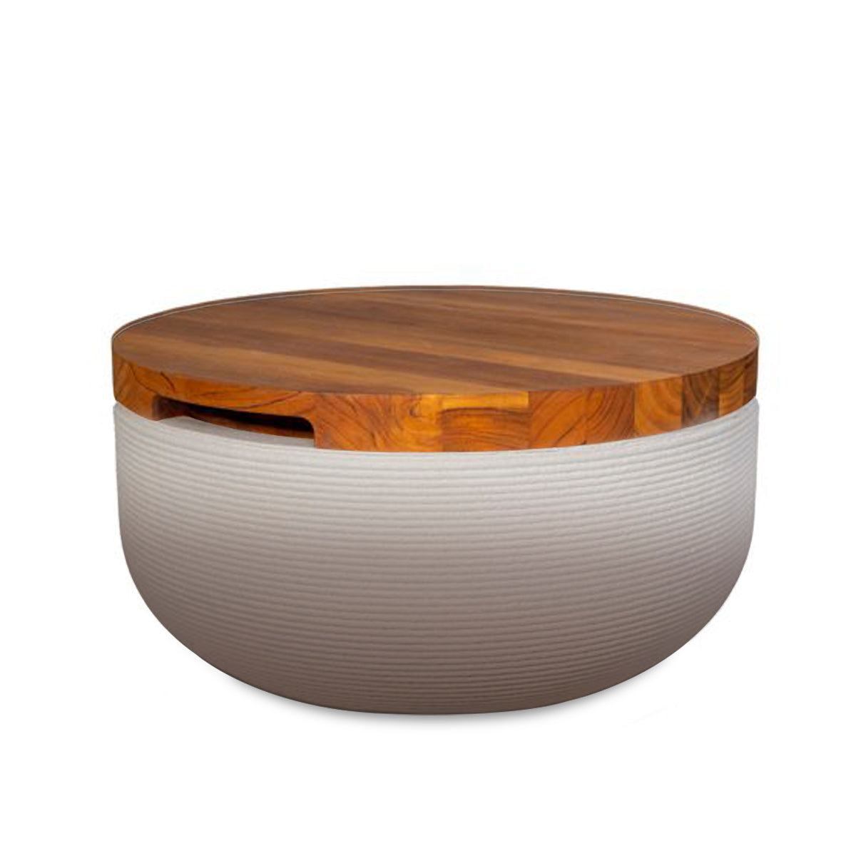 Faria Side Table/Stool - Riverbed Earth OMB2-Teak - round side table with fine horizontal ribbed concrete base and smooth wood top, modern sculptural design
