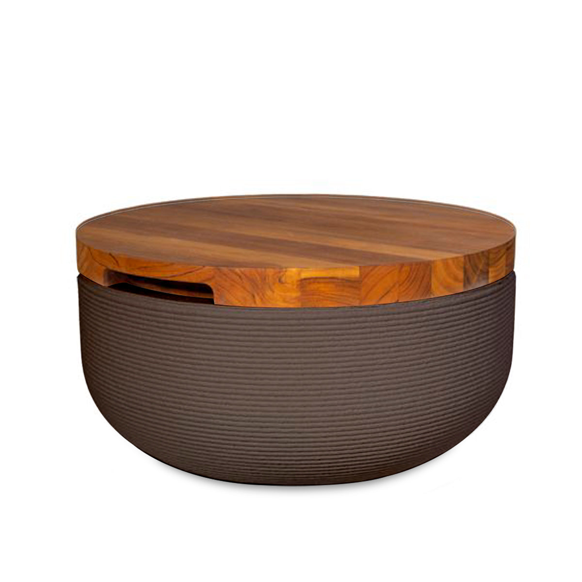 Faria Side Table/Stool - Riverbed Earth-Teak - round side table with fine horizontal ribbed concrete base and smooth wood top, modern sculptural design