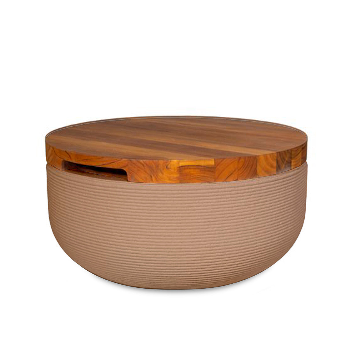 Faria Side Table/Stool - Sandy Bluff-Teak - round side table with fine horizontal ribbed concrete base and smooth wood top, modern sculptural design