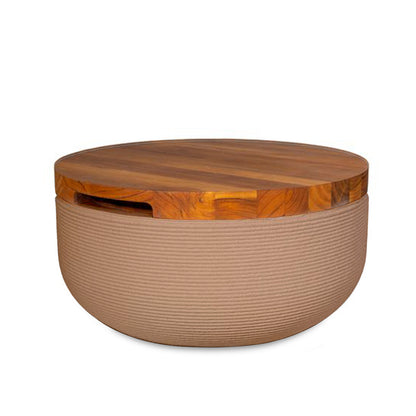 Faria Side Table/Stool - Sandy Bluff-Teak - round side table with fine horizontal ribbed concrete base and smooth wood top, modern sculptural design