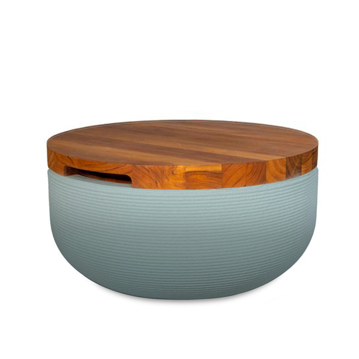 Faria Side Table/Stool - Seafoam Slate OMB1-Teak - round side table with fine horizontal ribbed concrete base and smooth wood top, modern sculptural design