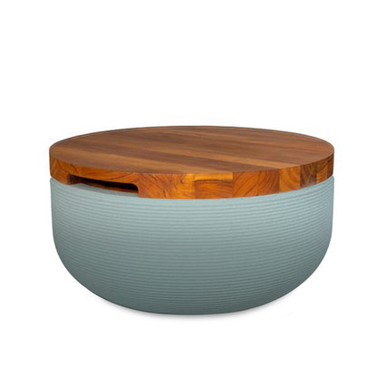 Faria Side Table/Stool - Seafoam Slate OMB1-Teak - round side table with fine horizontal ribbed concrete base and smooth wood top, modern sculptural design