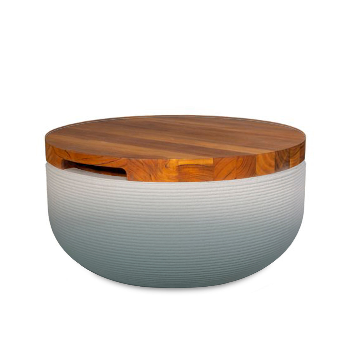 Faria Side Table/Stool - Seafoam Slate OMB2-Teak - round side table with fine horizontal ribbed concrete base and smooth wood top, modern sculptural design