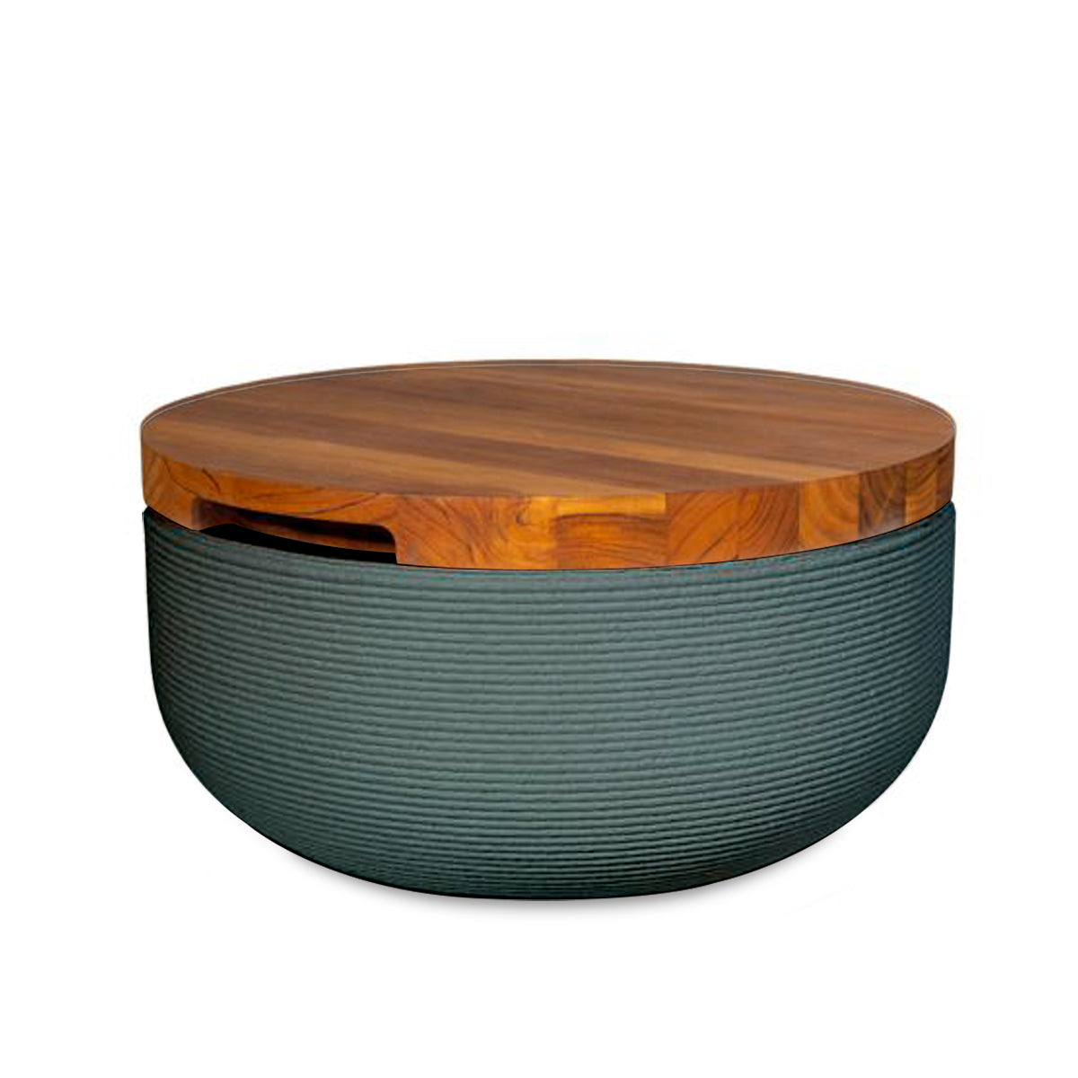 Faria Side Table/Stool - Seafoam Slate-Teak - round side table with fine horizontal ribbed concrete base and smooth wood top, modern sculptural design