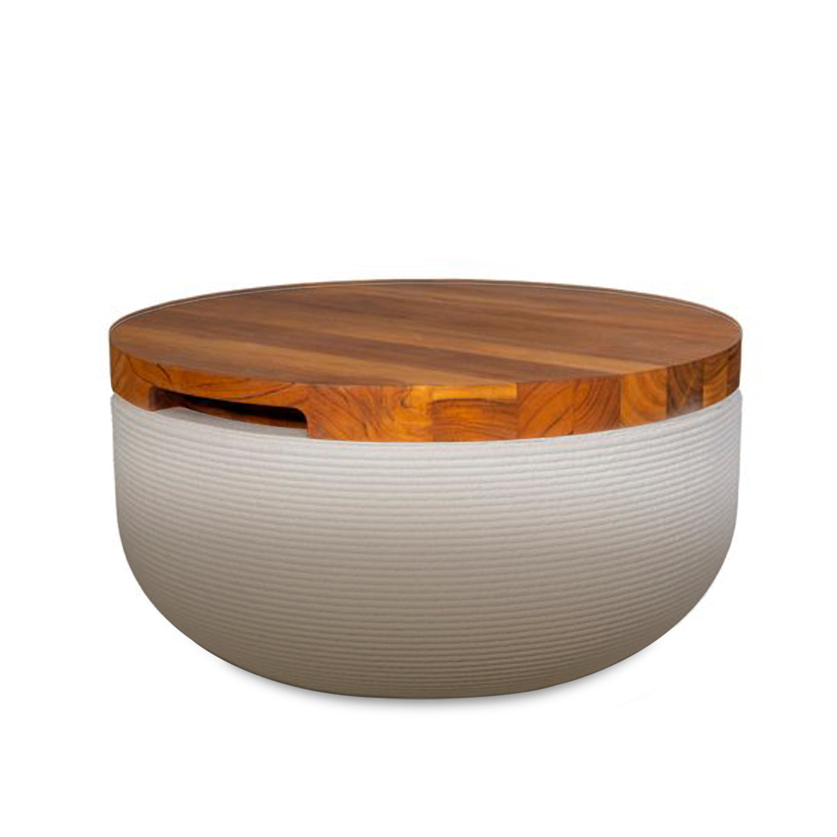 Faria Side Table/Stool - Savanna Clay OMB2-Teak - round side table with fine horizontal ribbed concrete base and smooth wood top, modern sculptural design