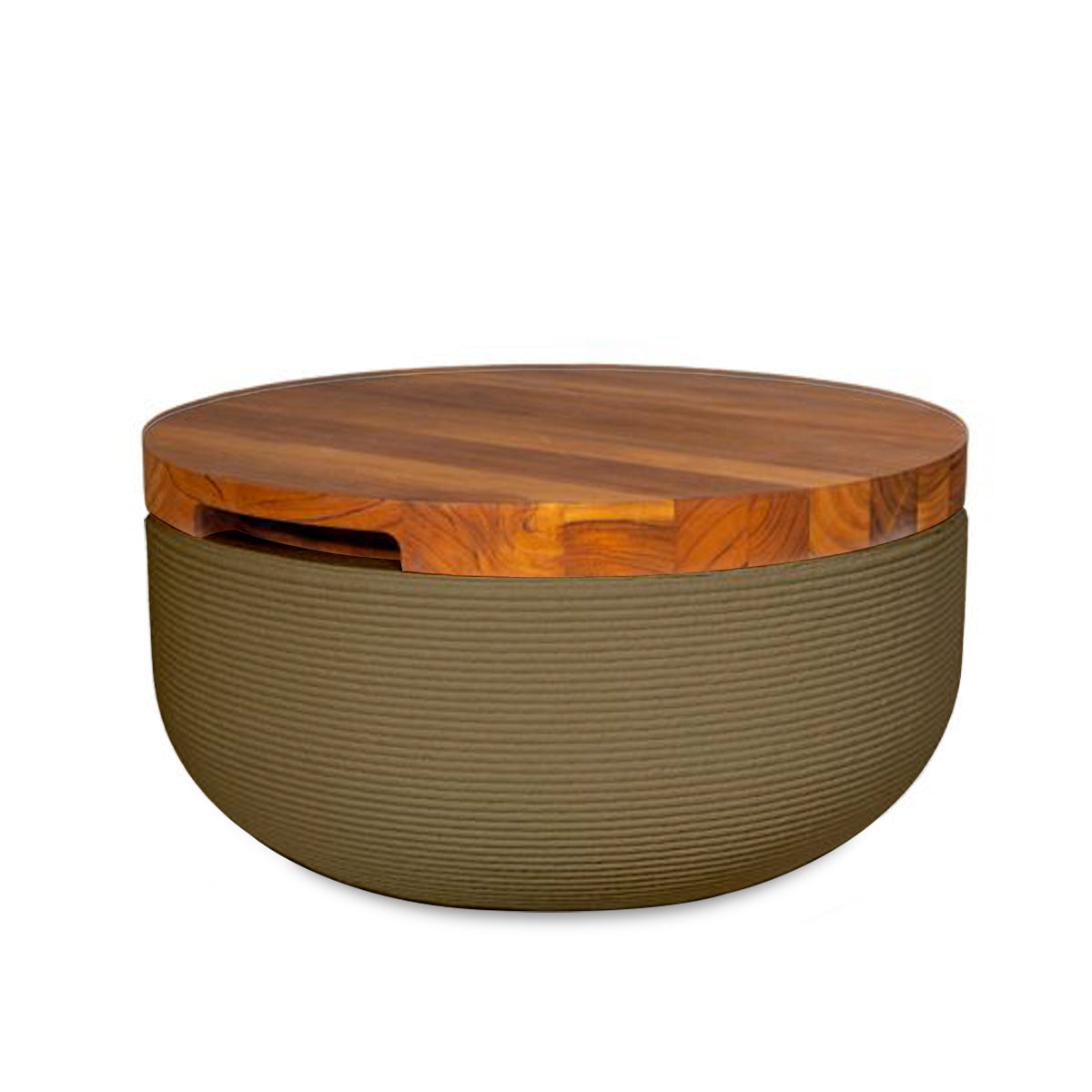 Faria Side Table/Stool - Savanna Clay-Teak - round side table with fine horizontal ribbed concrete base and smooth wood top, modern sculptural design