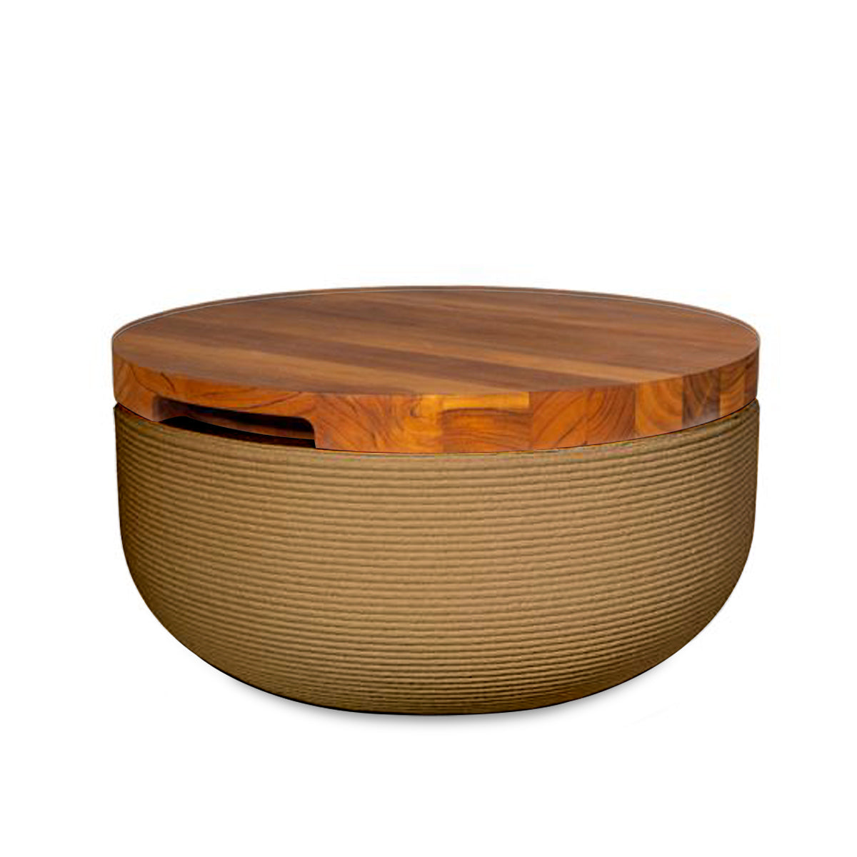 Faria Side Table/Stool - Toasted Almond-Teak - round side table with fine horizontal ribbed concrete base and smooth wood top, modern sculptural design
