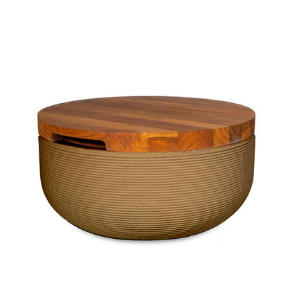 Faria Side Table/Stool - Toasted Almond-Teak - round side table with fine horizontal ribbed concrete base and smooth wood top, modern sculptural design