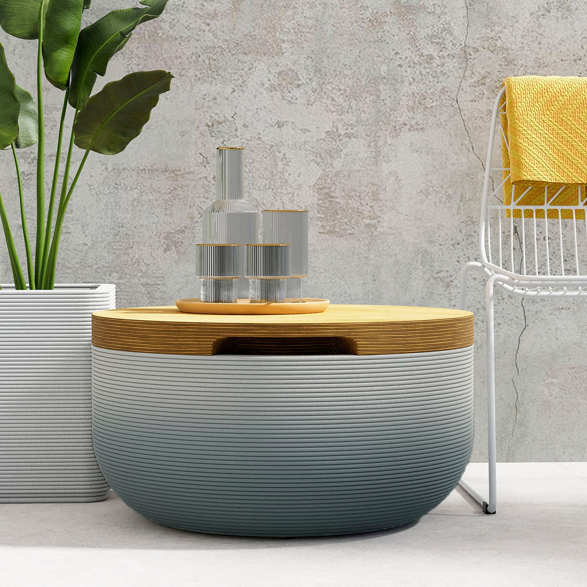 Faria Side Table/Stool - Seafoam Slate OMB2-Europly - round side table with fine horizontal ribbed concrete base and smooth wood top, modern sculptural design