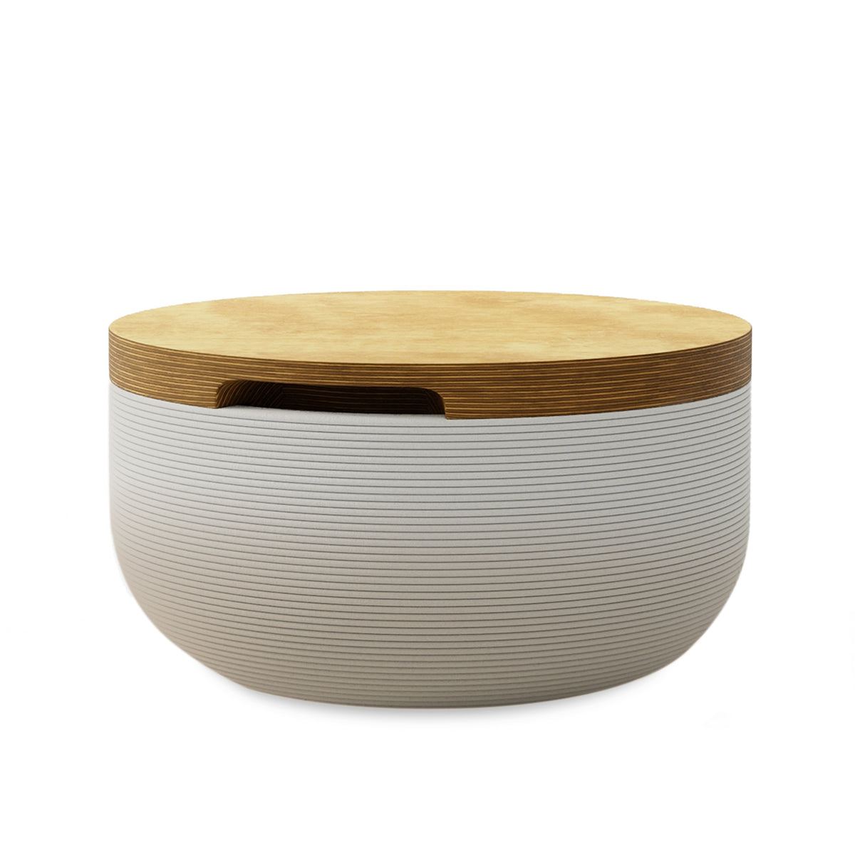 Faria Side Table/Stool - Desert Dawn OMB2-Europly - round side table with fine horizontal ribbed concrete base and smooth wood top, modern sculptural design