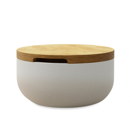 Faria Side Table/Stool - Desert Dawn OMB2-Europly - round side table with fine horizontal ribbed concrete base and smooth wood top, modern sculptural design