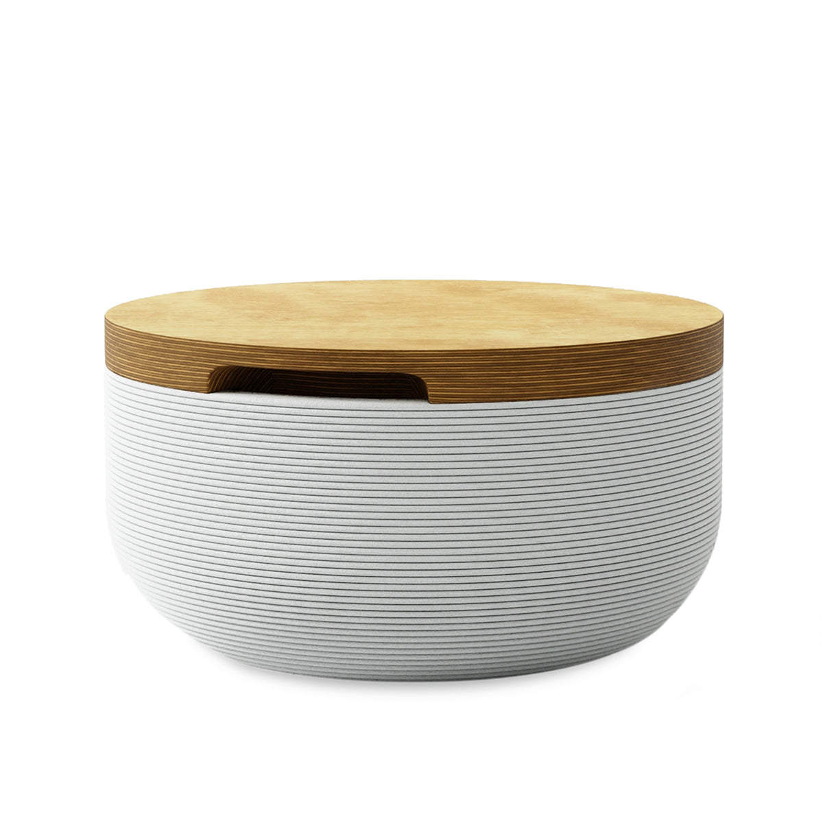 Faria Side Table/Stool - Glacial Mist-Europly - round side table with fine horizontal ribbed concrete base and smooth wood top, modern sculptural design