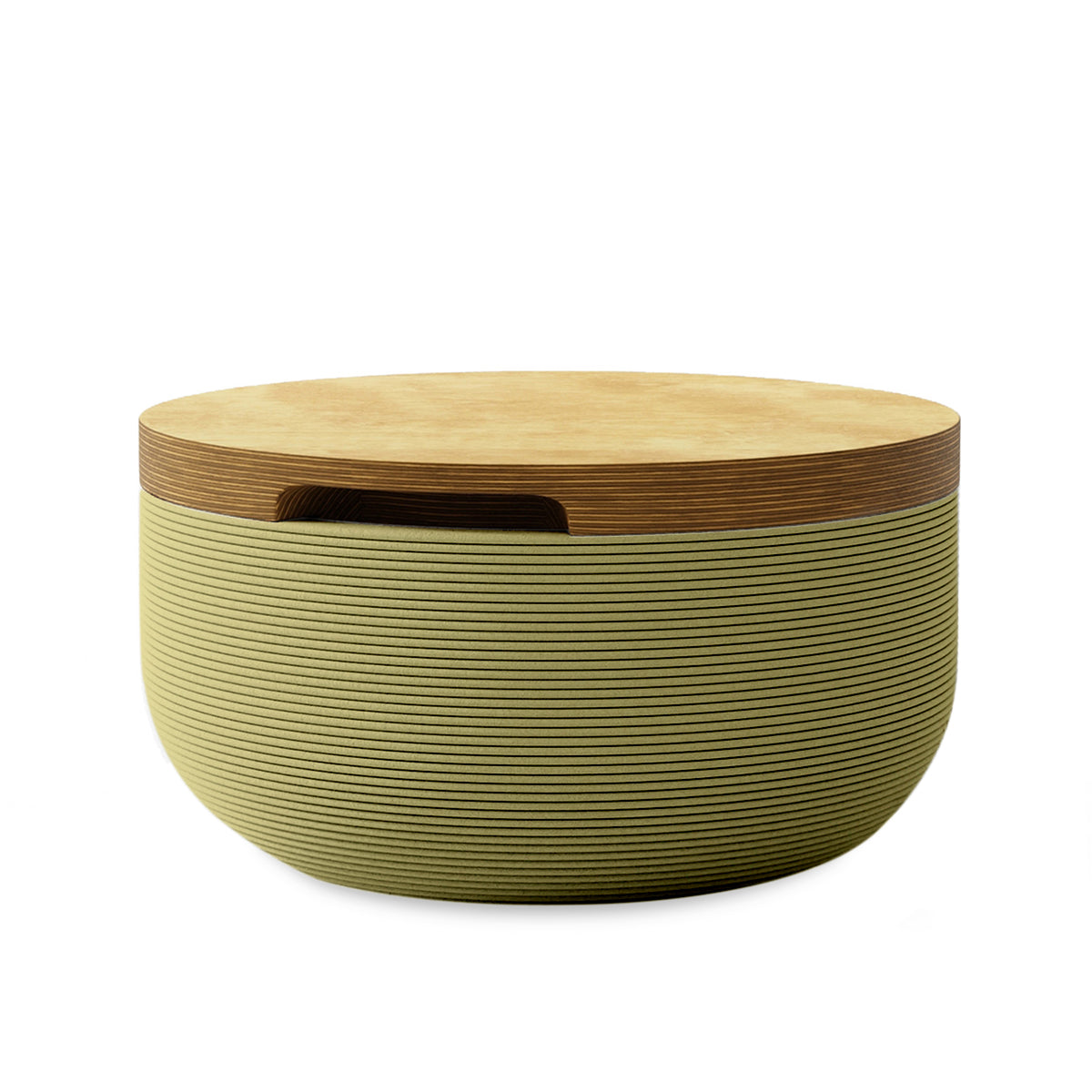 Faria Side Table/Stool - Golden Olive-Europly - round side table with fine horizontal ribbed concrete base and smooth wood top, modern sculptural design