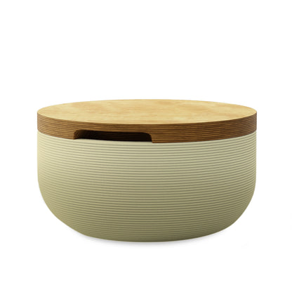Faria Side Table/Stool - Golden Olive OMB1-Europly - round side table with fine horizontal ribbed concrete base and smooth wood top, modern sculptural design