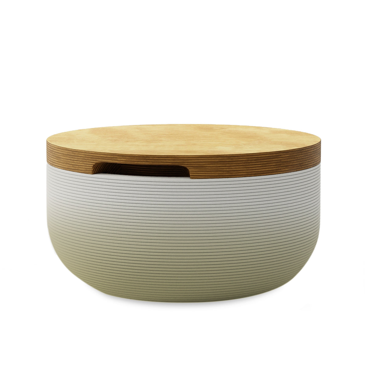 Faria Side Table/Stool - Golden Olive OMB2-Europly - round side table with fine horizontal ribbed concrete base and smooth wood top, modern sculptural design