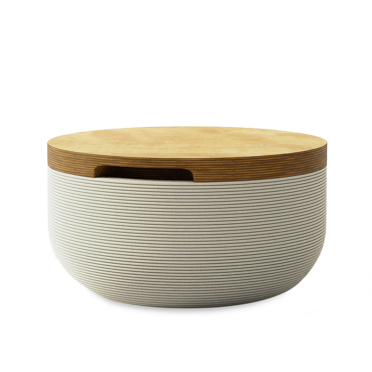 Faria Side Table/Stool - Limestone Veil-Europly - round side table with fine horizontal ribbed concrete base and smooth wood top, modern sculptural design
