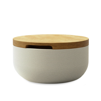 Faria Side Table/Stool - Limestone Veil-Europly - round side table with fine horizontal ribbed concrete base and smooth wood top, modern sculptural design