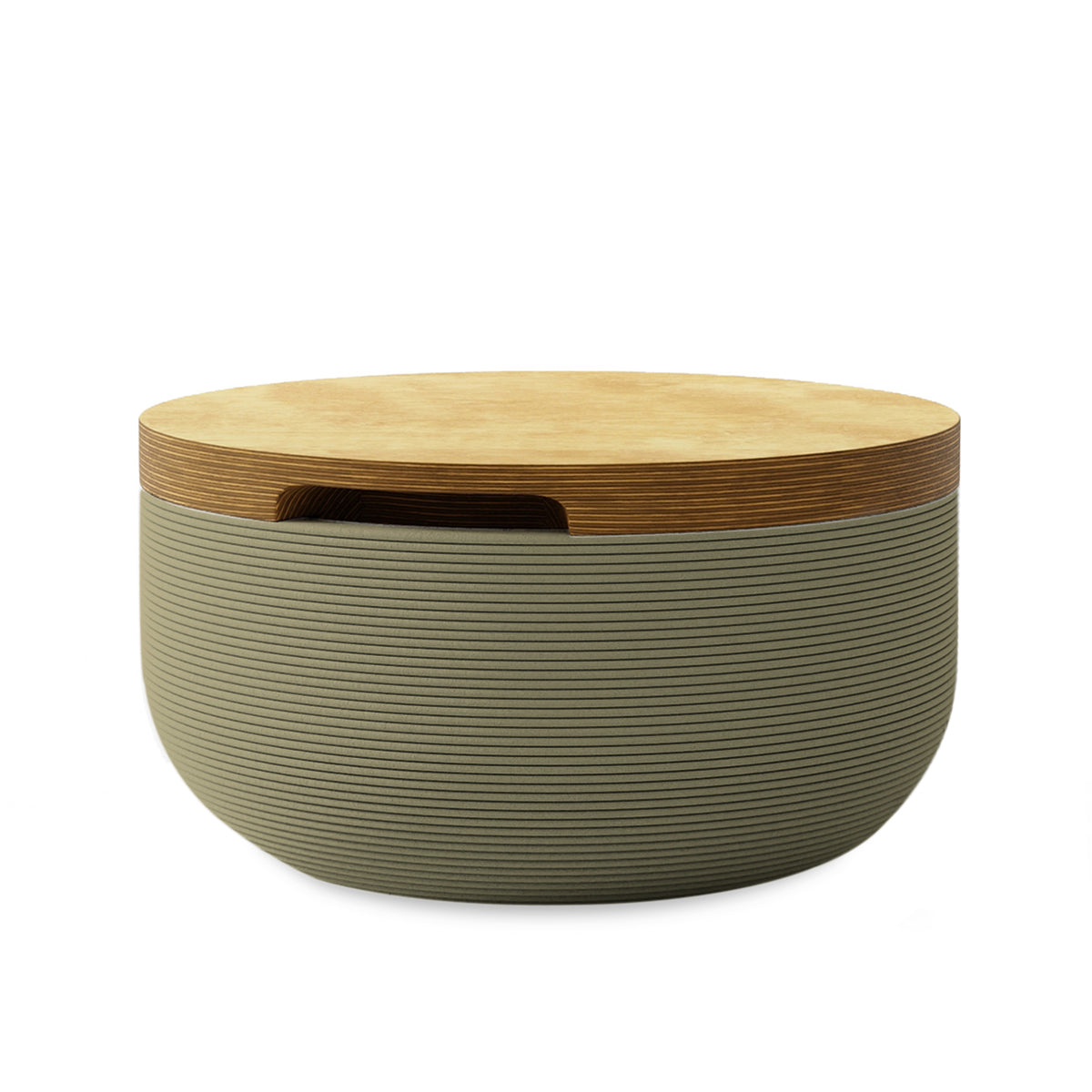 Faria Side Table/Stool - Mossy Glen-Europly - round side table with fine horizontal ribbed concrete base and smooth wood top, modern sculptural design