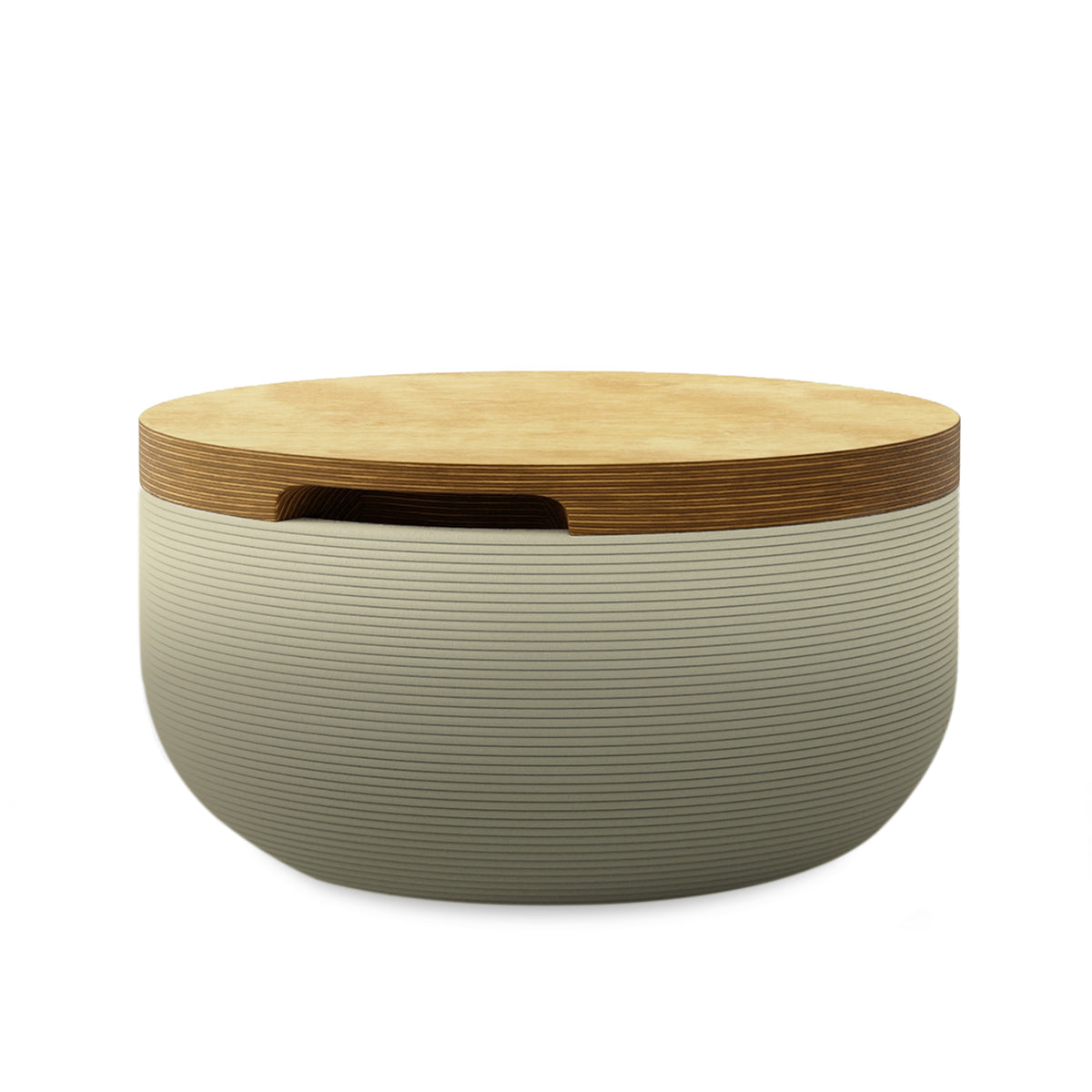 Faria Side Table/Stool - Mossy Glen OMB1-Europly - round side table with fine horizontal ribbed concrete base and smooth wood top, modern sculptural design