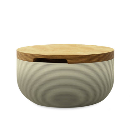 Faria Side Table/Stool - Mossy Glen OMB1-Europly - round side table with fine horizontal ribbed concrete base and smooth wood top, modern sculptural design