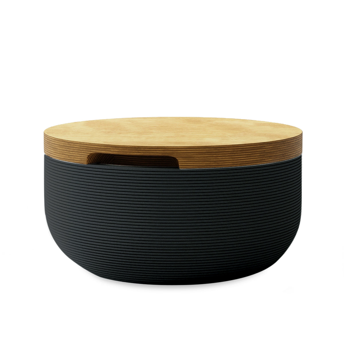 Faria Side Table/Stool - Obsidian Night-Europly - round side table with fine horizontal ribbed concrete base and smooth wood top, modern sculptural design