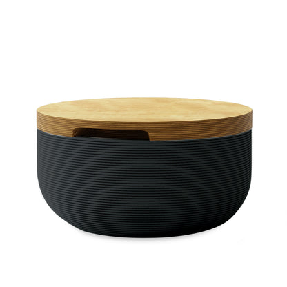 Faria Side Table/Stool - Obsidian Night-Europly - round side table with fine horizontal ribbed concrete base and smooth wood top, modern sculptural design
