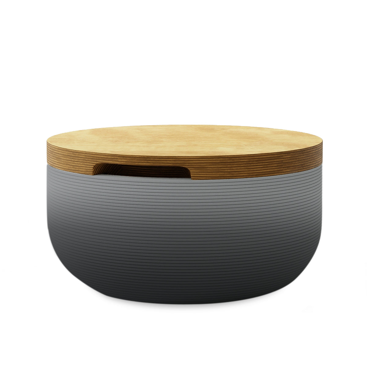 Faria Side Table/Stool - Obsidian Night OMB1-Europly - round side table with fine horizontal ribbed concrete base and smooth wood top, modern sculptural design