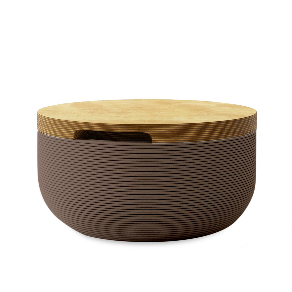 Faria Side Table/Stool - Riverbed Earth-Europly - round side table with fine horizontal ribbed concrete base and smooth wood top, modern sculptural design
