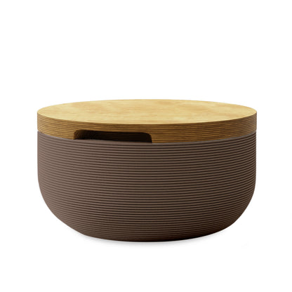 Faria Side Table/Stool - Riverbed Earth-Europly - round side table with fine horizontal ribbed concrete base and smooth wood top, modern sculptural design
