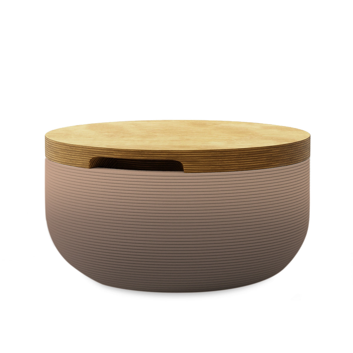 Faria Side Table/Stool - Riverbed Earth OMB1-Europly - round side table with fine horizontal ribbed concrete base and smooth wood top, modern sculptural design