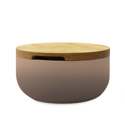 Faria Side Table/Stool - Riverbed Earth OMB1-Europly - round side table with fine horizontal ribbed concrete base and smooth wood top, modern sculptural design