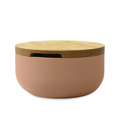 Faria Side Table/Stool - Sandy Bluff-Europly - round side table with fine horizontal ribbed concrete base and smooth wood top, modern sculptural design