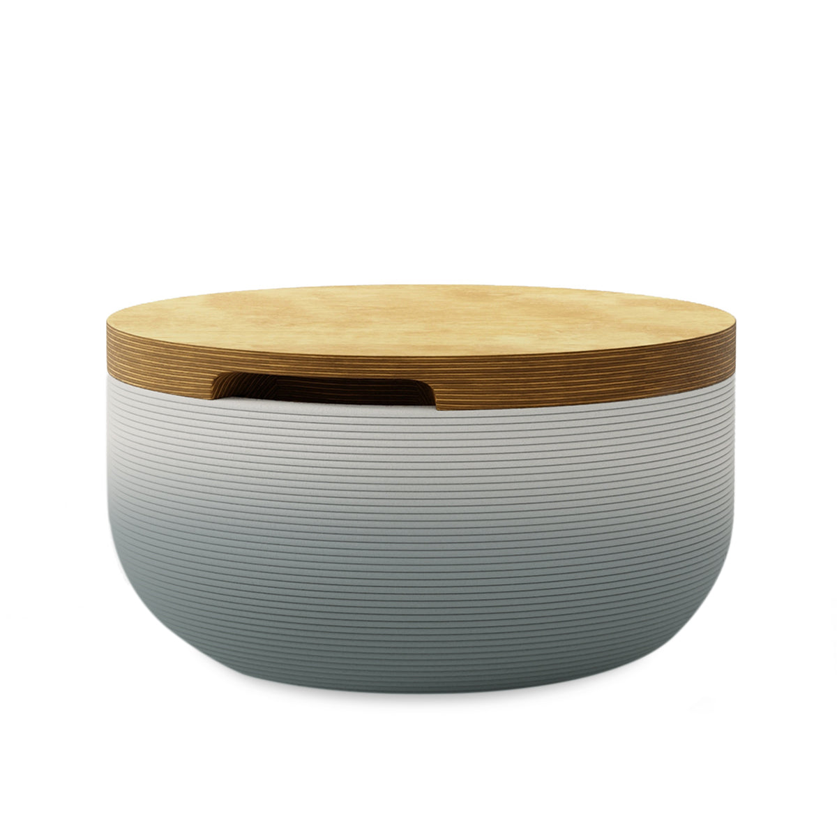 Faria Side Table/Stool - Seafoam Slate OMB2-Europly - round side table with fine horizontal ribbed concrete base and smooth wood top, modern sculptural design